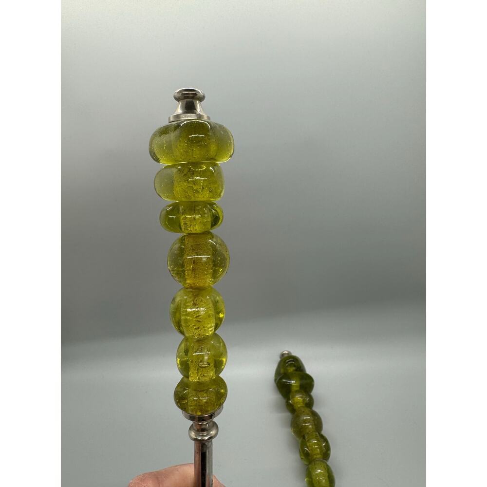 Serving Spoon And Fork Green Amber Color Glass Beaded Handle Set Of 2 Polished - Picture 4 of 7